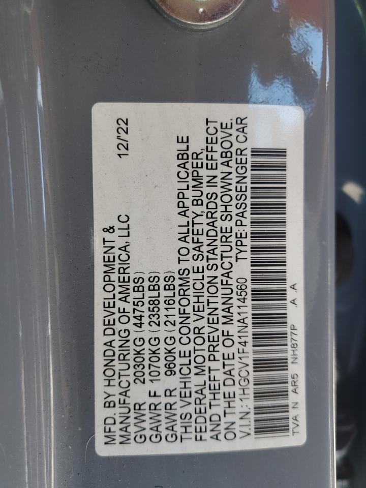 1HGCV1F41NA114560 2022 Honda Accord Sport Se