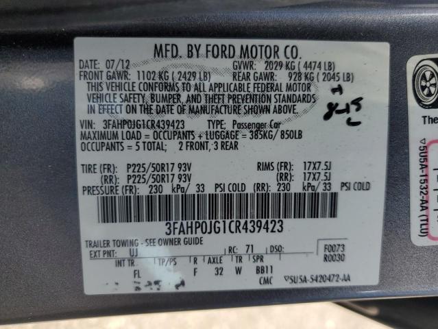 2012 Ford Fusion Sel VIN: 3FAHP0JG1CR439423 Lot: 58286334