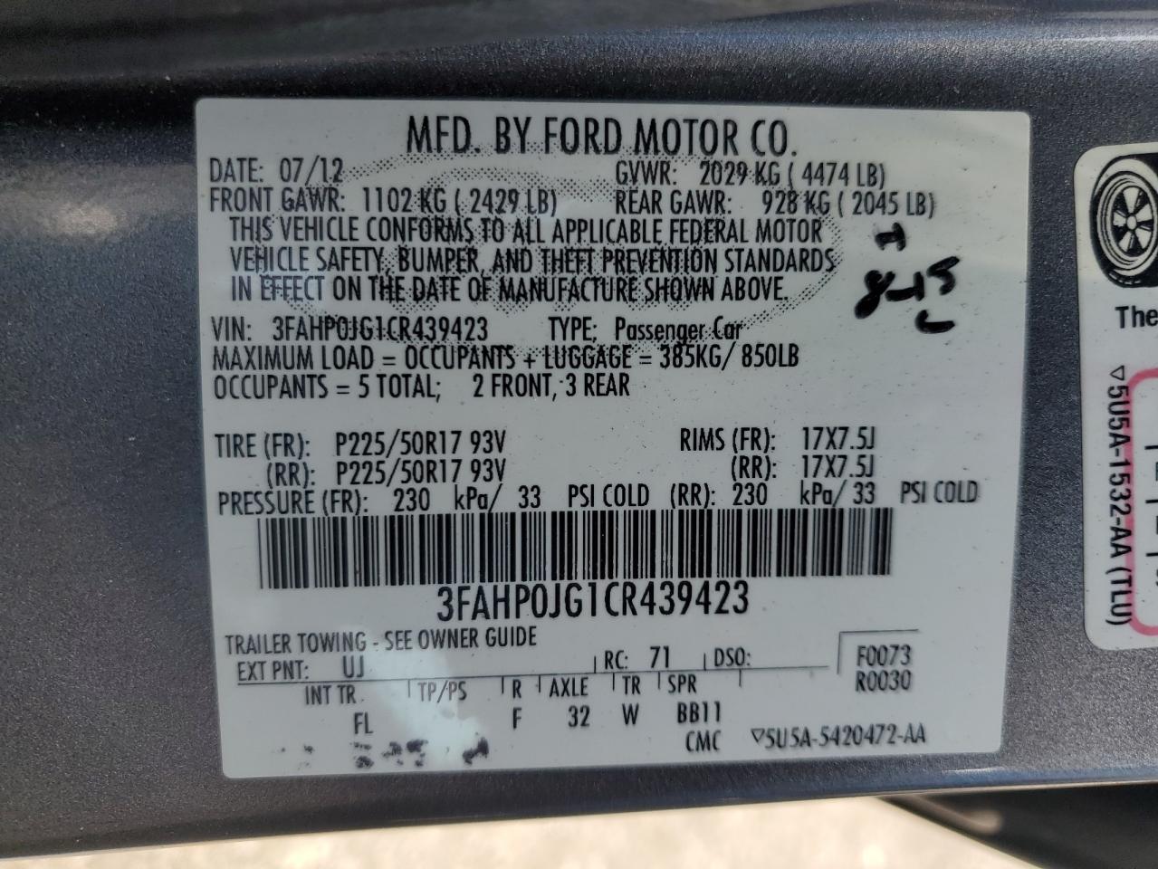 3FAHP0JG1CR439423 2012 Ford Fusion Sel
