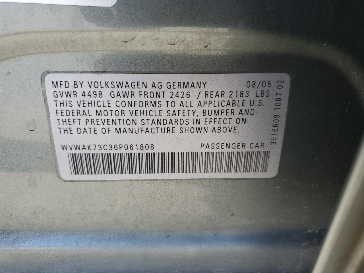 WVWAK73C36P061808 2006 Volkswagen Passat 2.0T