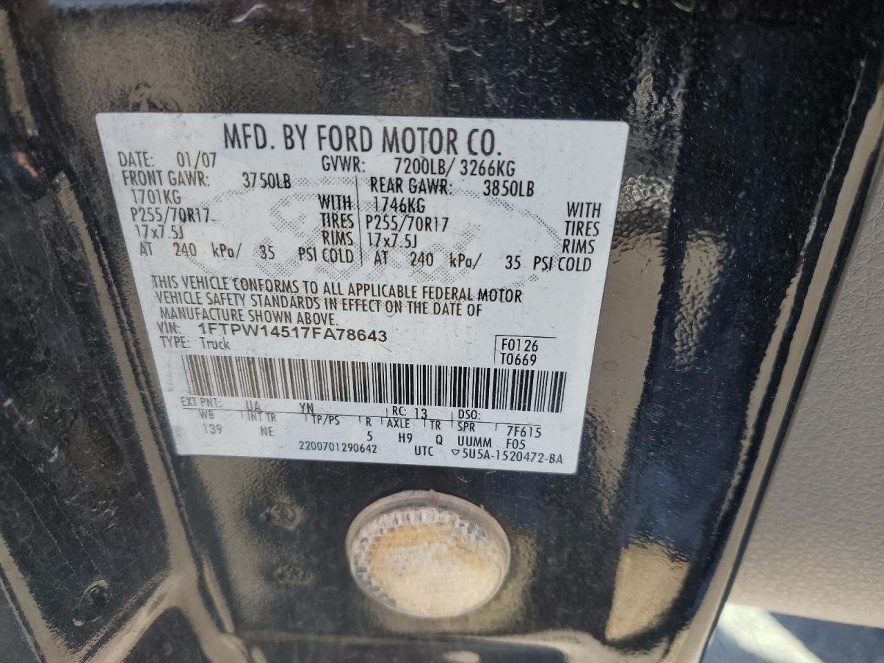 1FTPW14517FA78643 2007 Ford F150 Supercrew