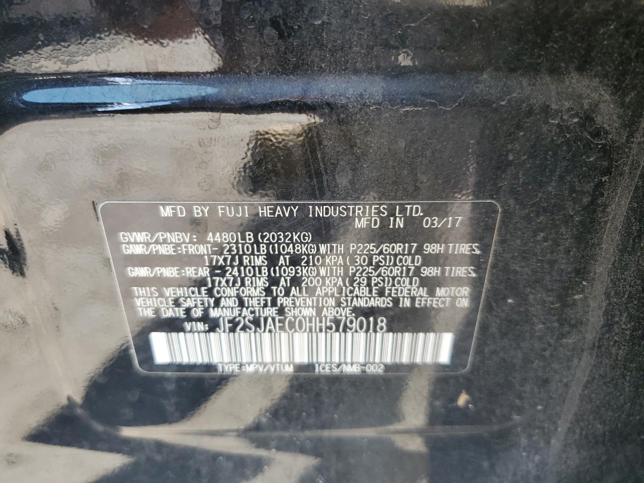 JF2SJAEC0HH579018 2017 Subaru Forester 2.5I Premium