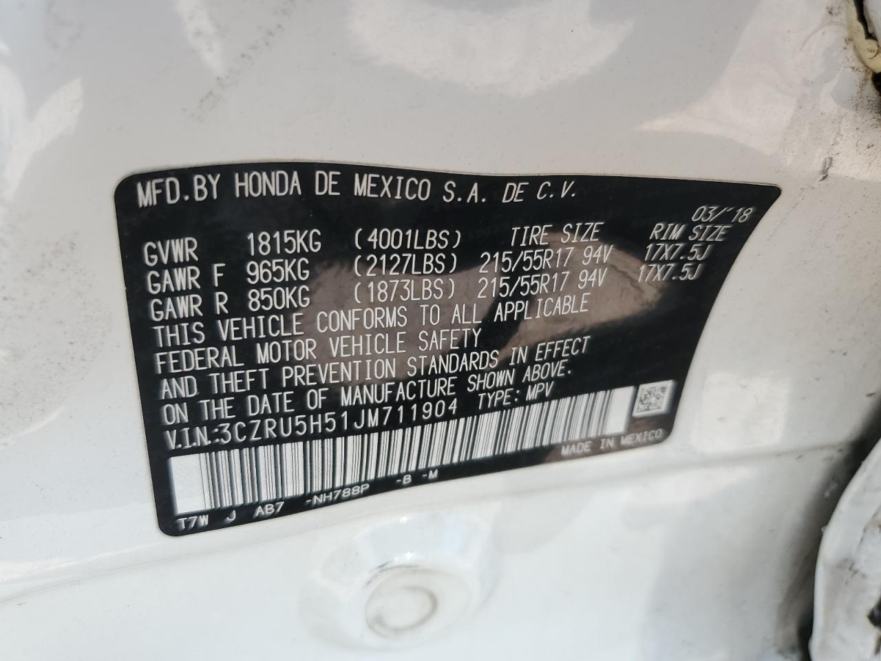 3CZRU5H51JM711904 2018 Honda Hr-V Ex