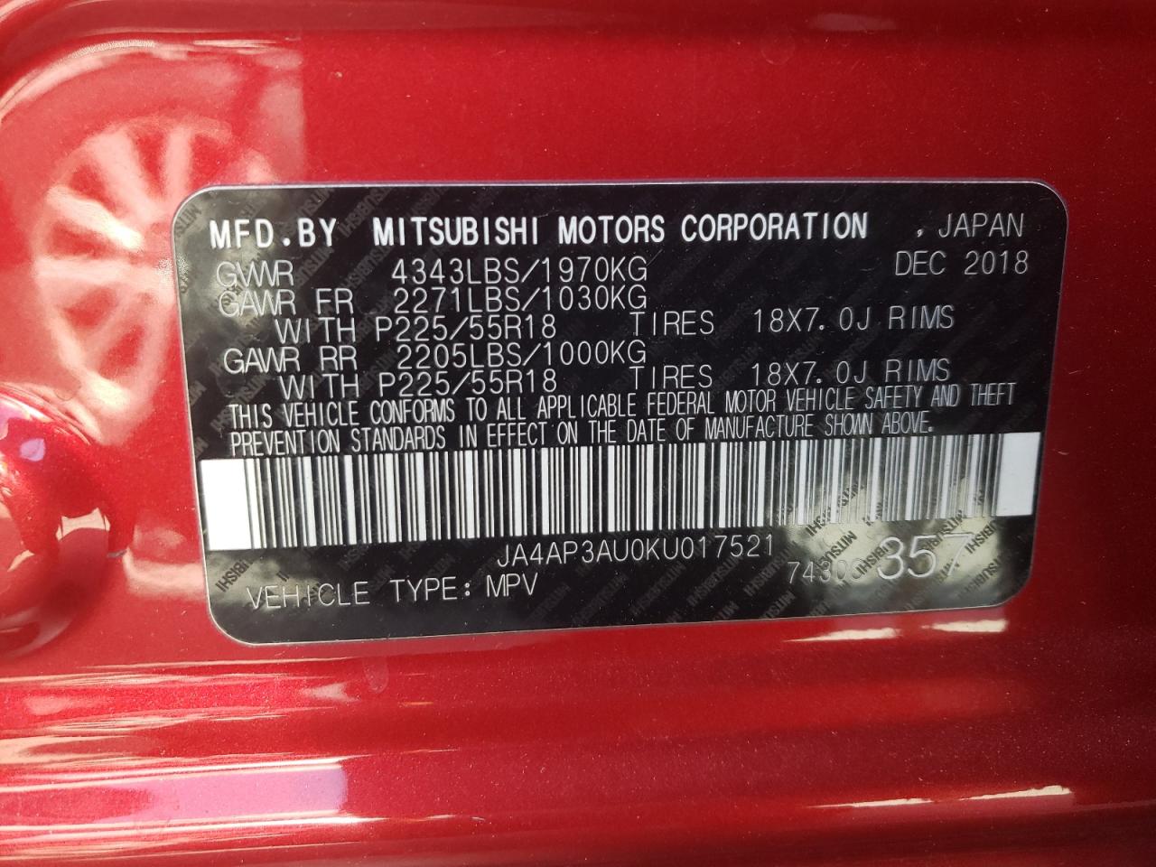 JA4AP3AU0KU017521 2019 Mitsubishi Outlander Sport Es