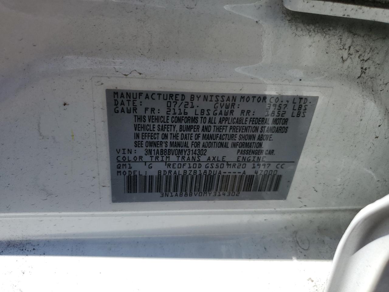 3N1AB8BV0MY314302 2021 Nissan Sentra S