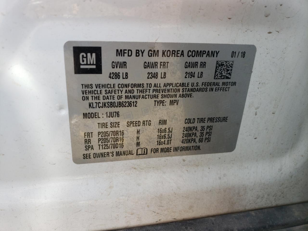 KL7CJKSB0JB623612 2018 Chevrolet Trax Ls