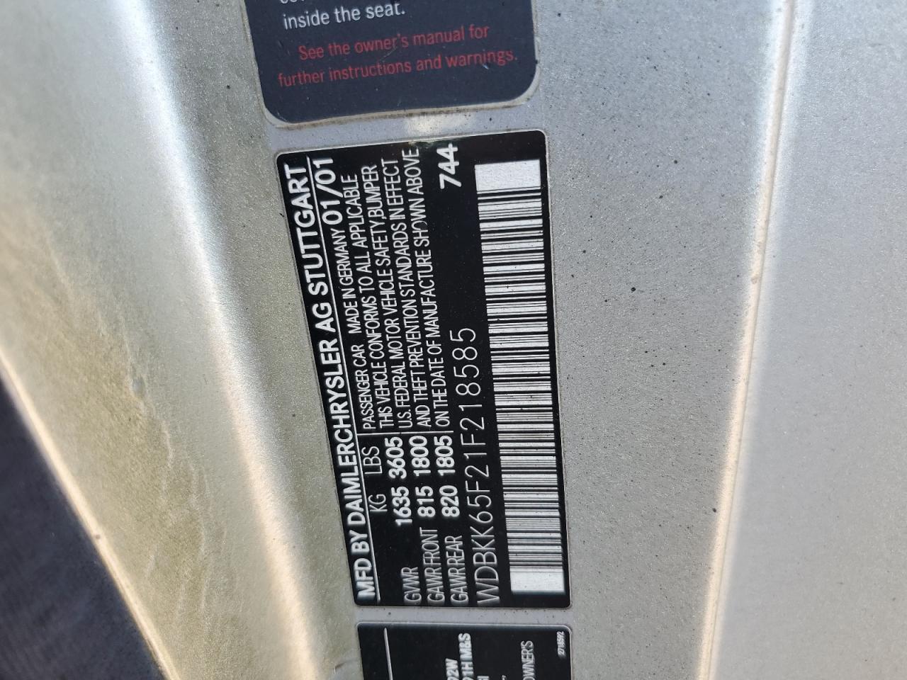 WDBKK65F21F218585 2001 Mercedes-Benz Slk 320