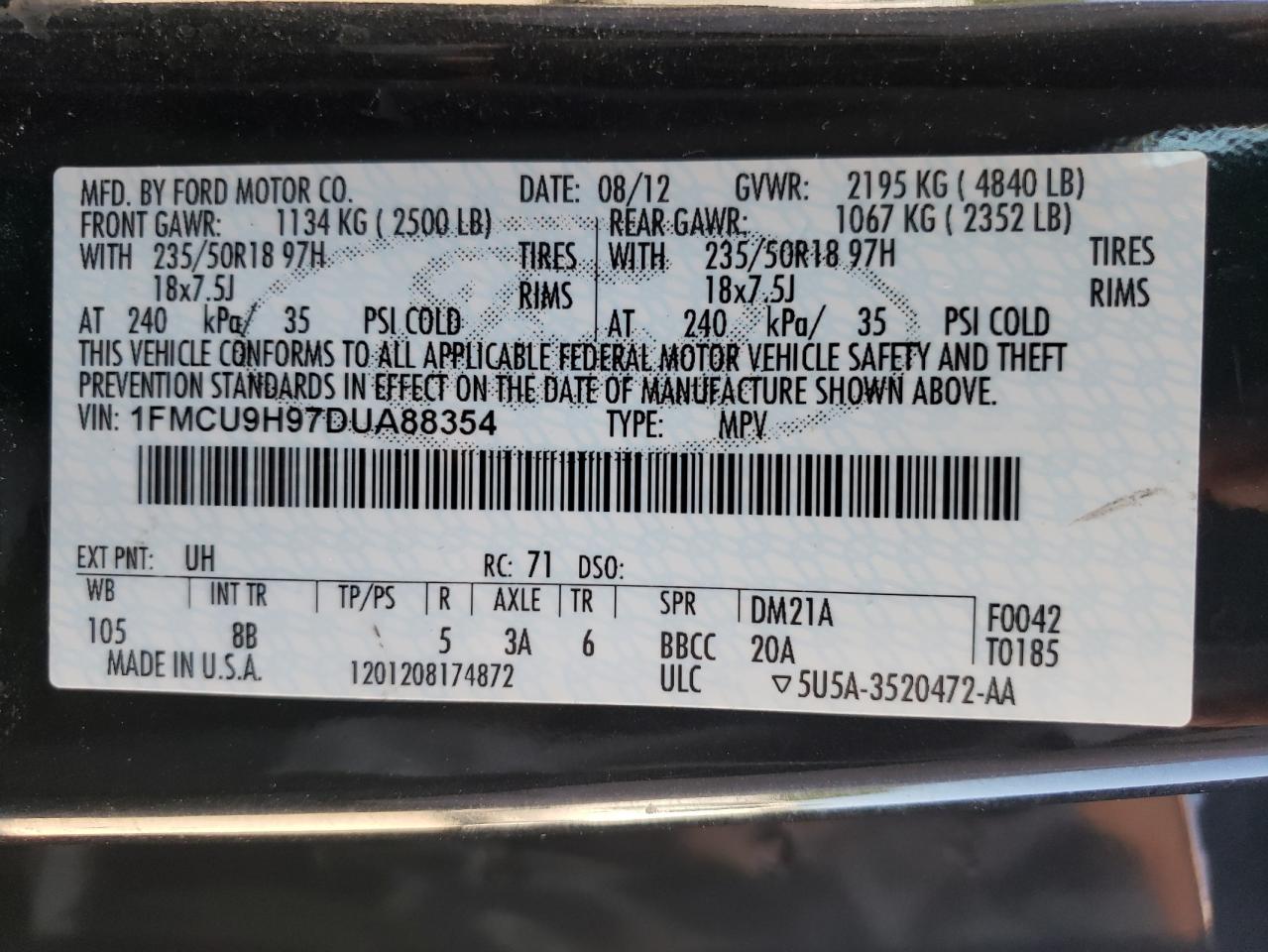 1FMCU9H97DUA88354 2013 Ford Escape Sel