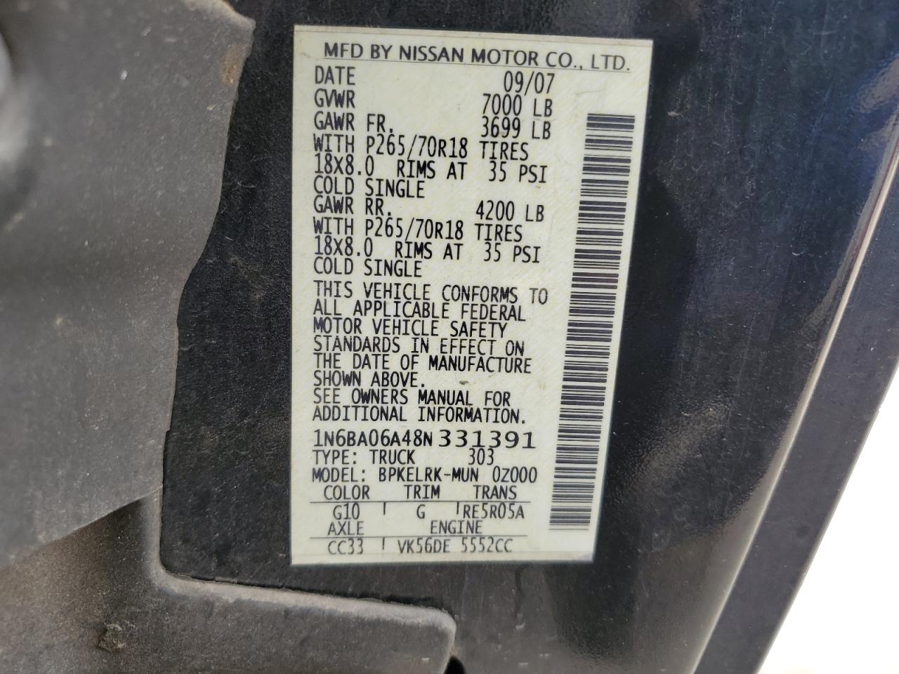 1N6BA06A48N331391 2008 Nissan Titan Xe