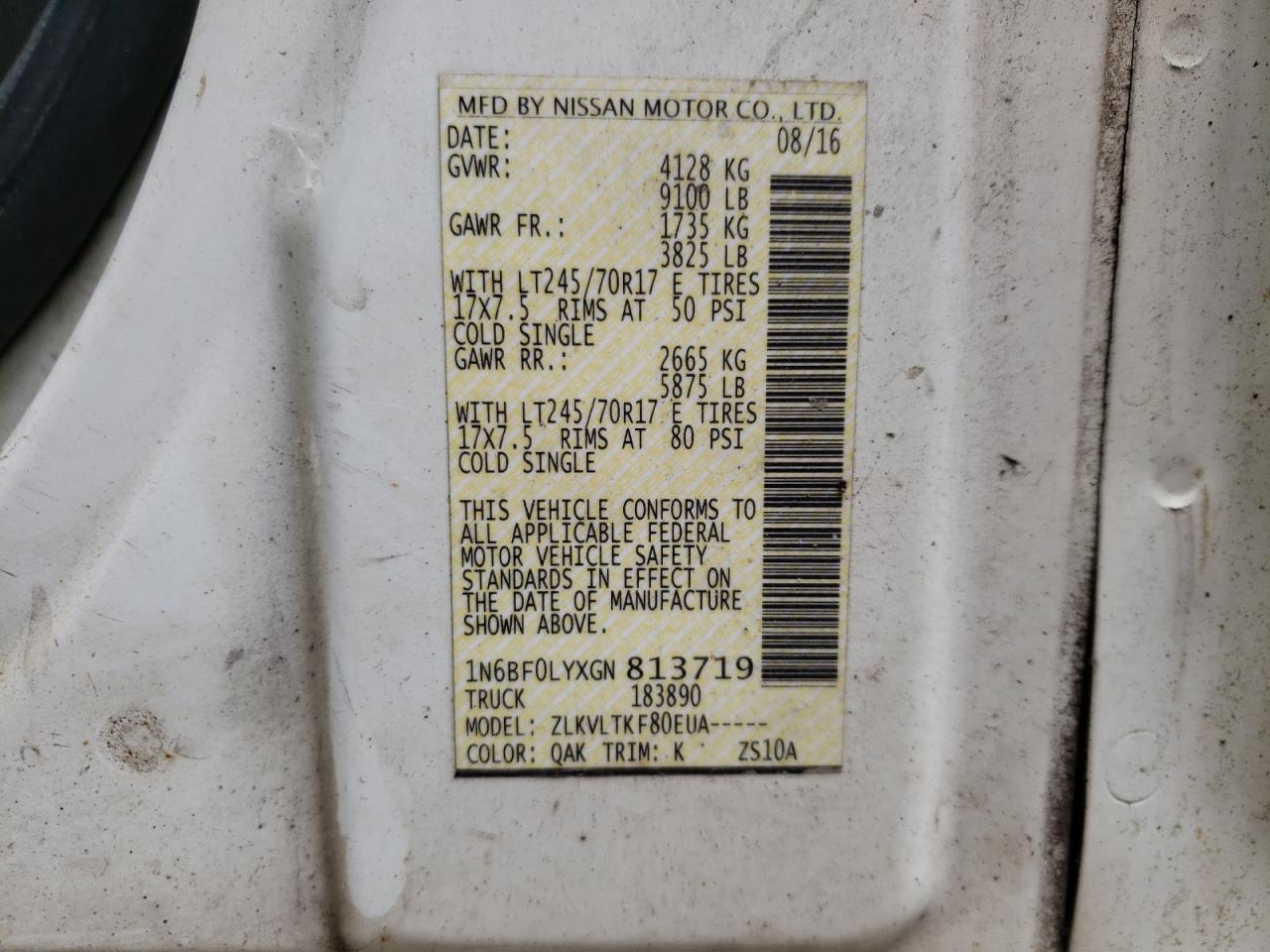 1N6BFOLYXGN813719 2016 Nissan Nv 2500 S