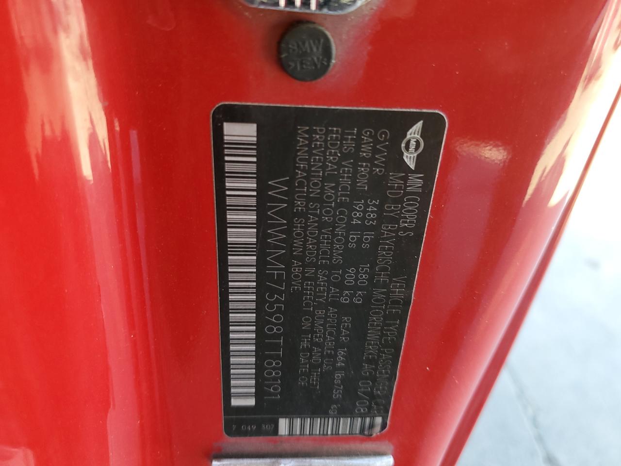 WMWMF73598TT88191 2008 Mini Cooper S