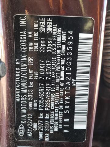 2013 Kia Sorento Lx VIN: 5XYKTDA21DG335954 Lot: 58355824