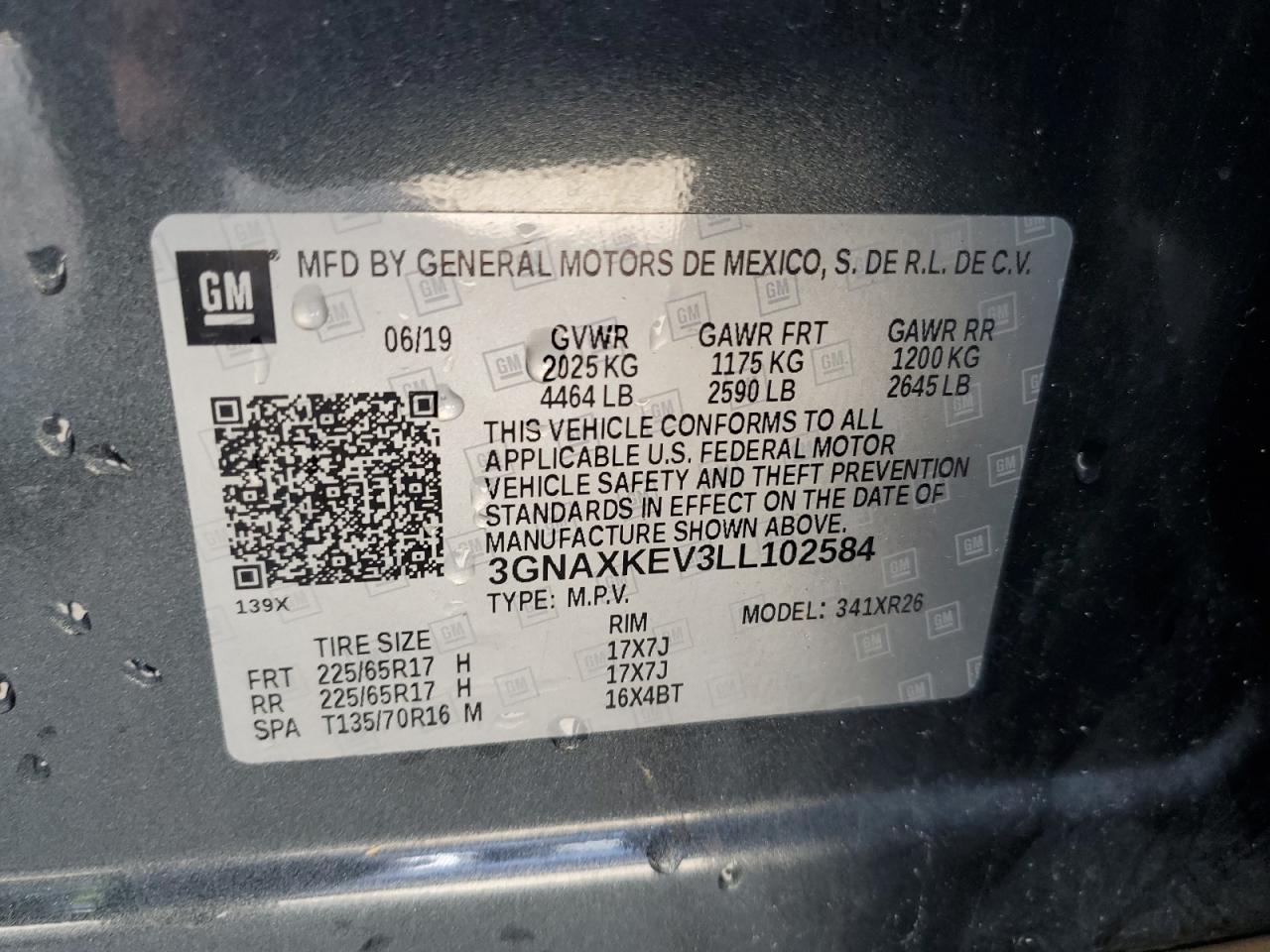 3GNAXKEV3LL102584 2020 Chevrolet Equinox Lt