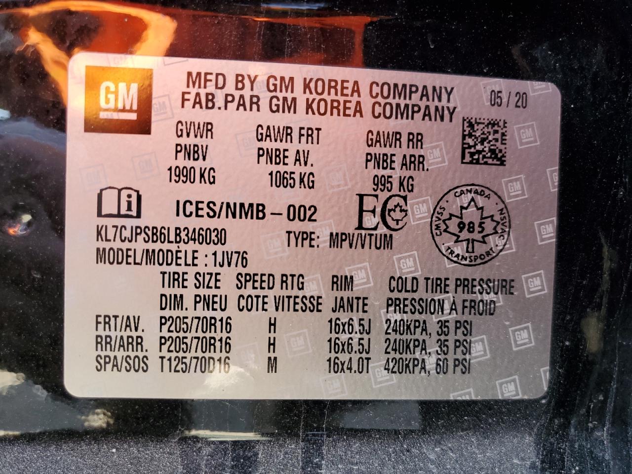 KL7CJPSB6LB346030 2020 Chevrolet Trax 1Lt