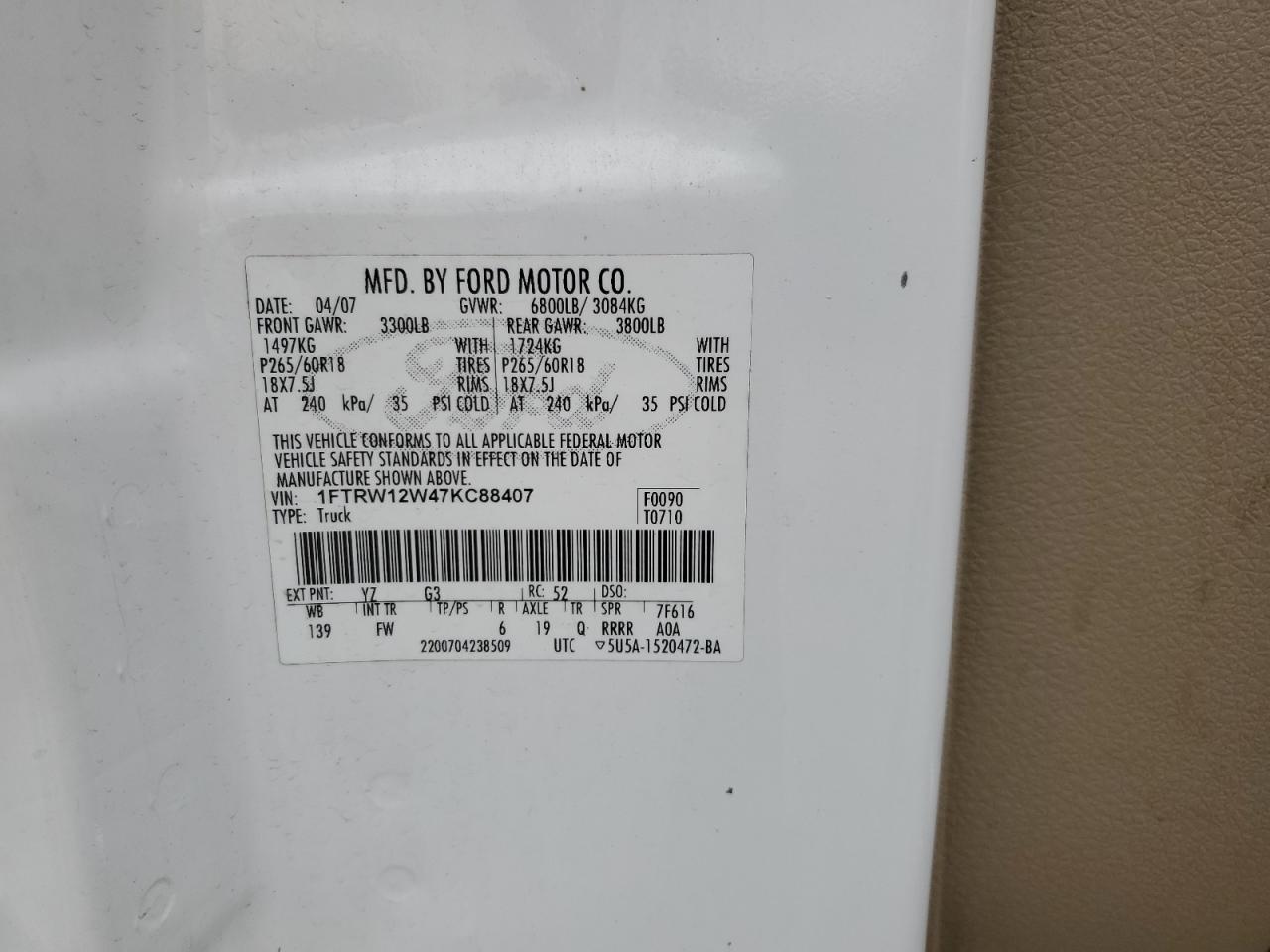 1FTRW12W47KC88407 2007 Ford F150 Supercrew