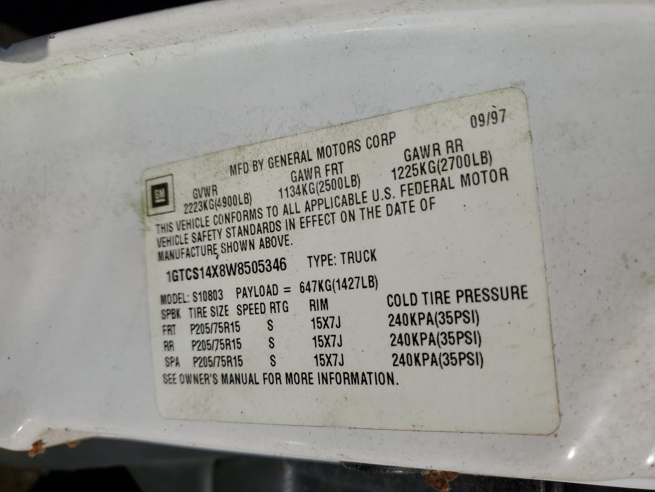 1GTCS14X8W8505346 1998 GMC Sonoma