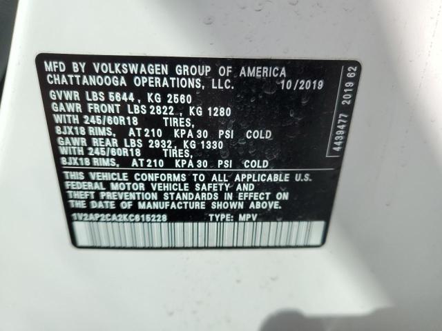 2019 Volkswagen Atlas S VIN: 1V2AP2CA2KC615228 Lot: 59909704