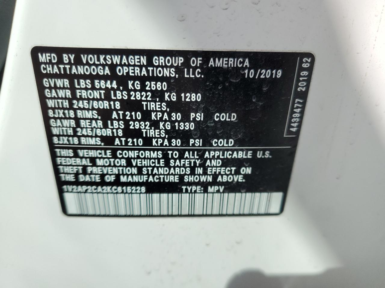 1V2AP2CA2KC615228 2019 Volkswagen Atlas S