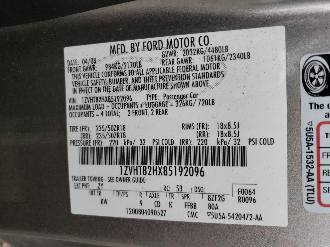 1ZVHT82HX85192096 2008 Ford Mustang Gt