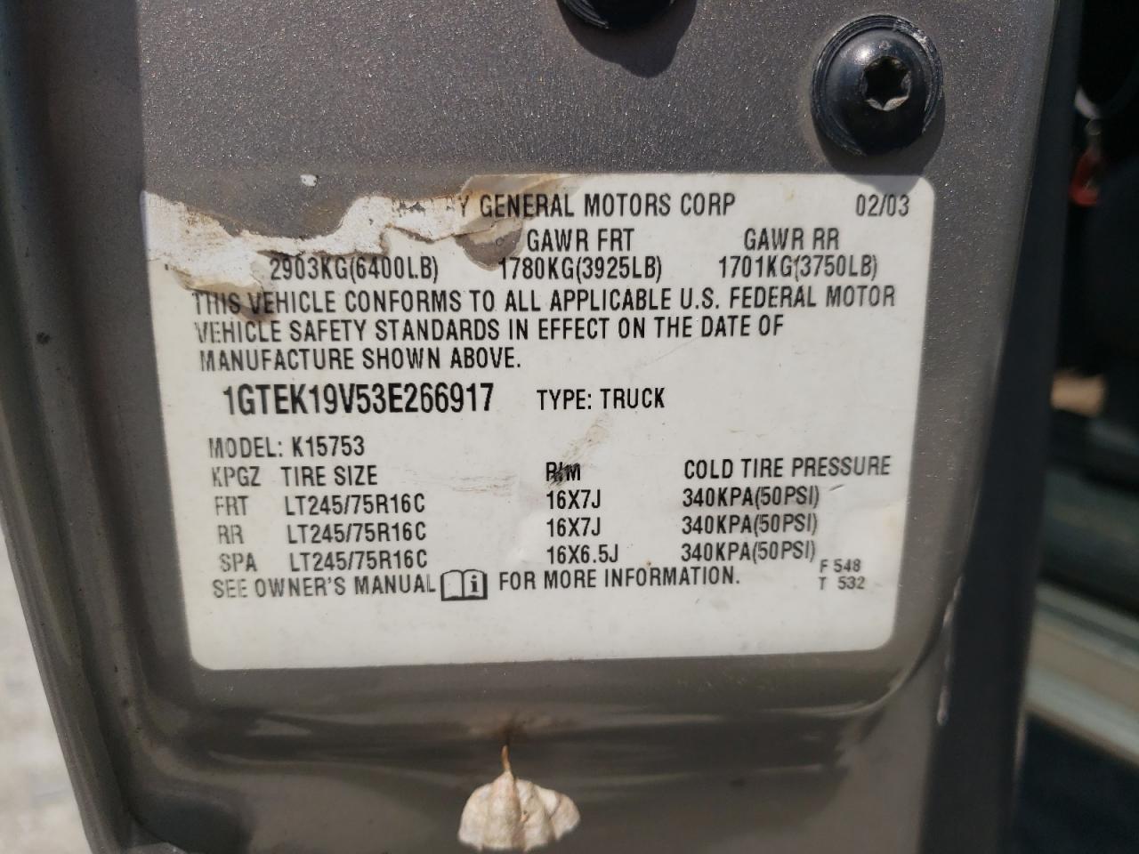 1GTEK19V53E266917 2003 GMC New Sierra K1500