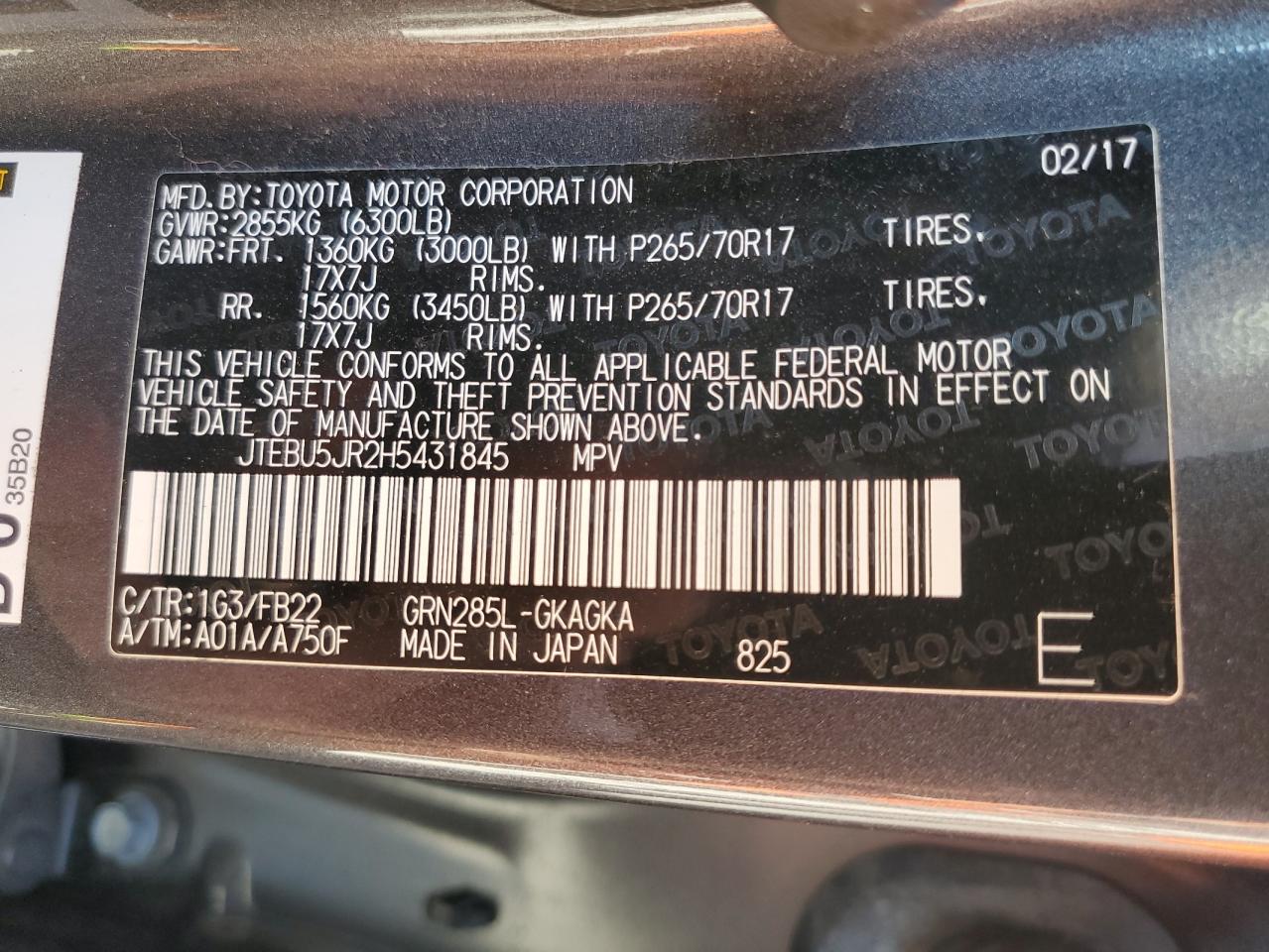 JTEBU5JR2H5431845 2017 Toyota 4Runner Sr5/Sr5 Premium