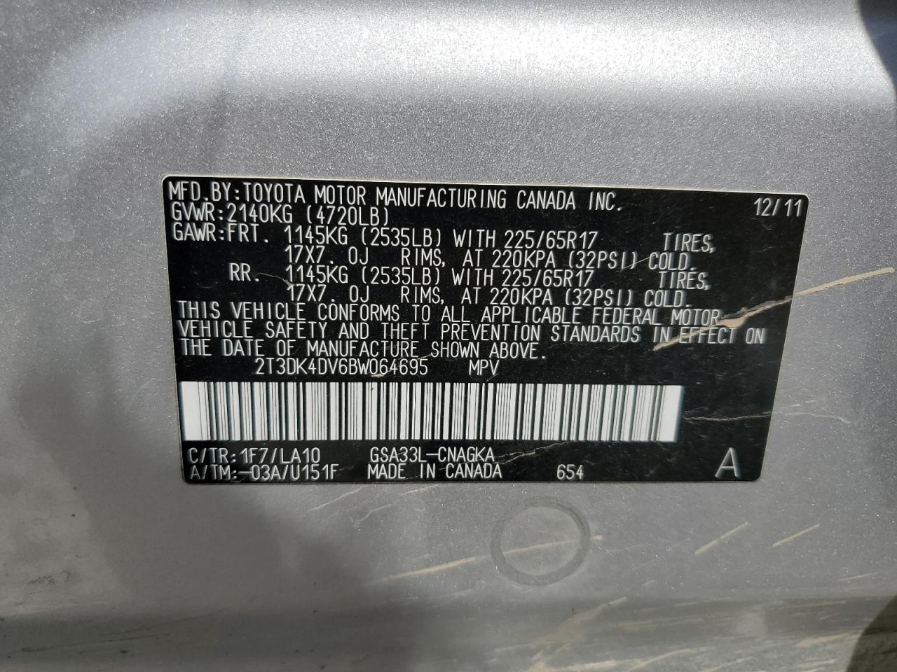 2T3DK4DV6BW064695 2011 Toyota Rav4 Limited