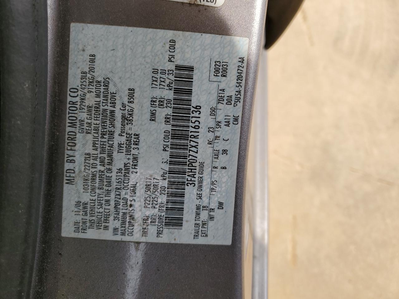 3FAHP07ZX7R165136 2007 Ford Fusion Se