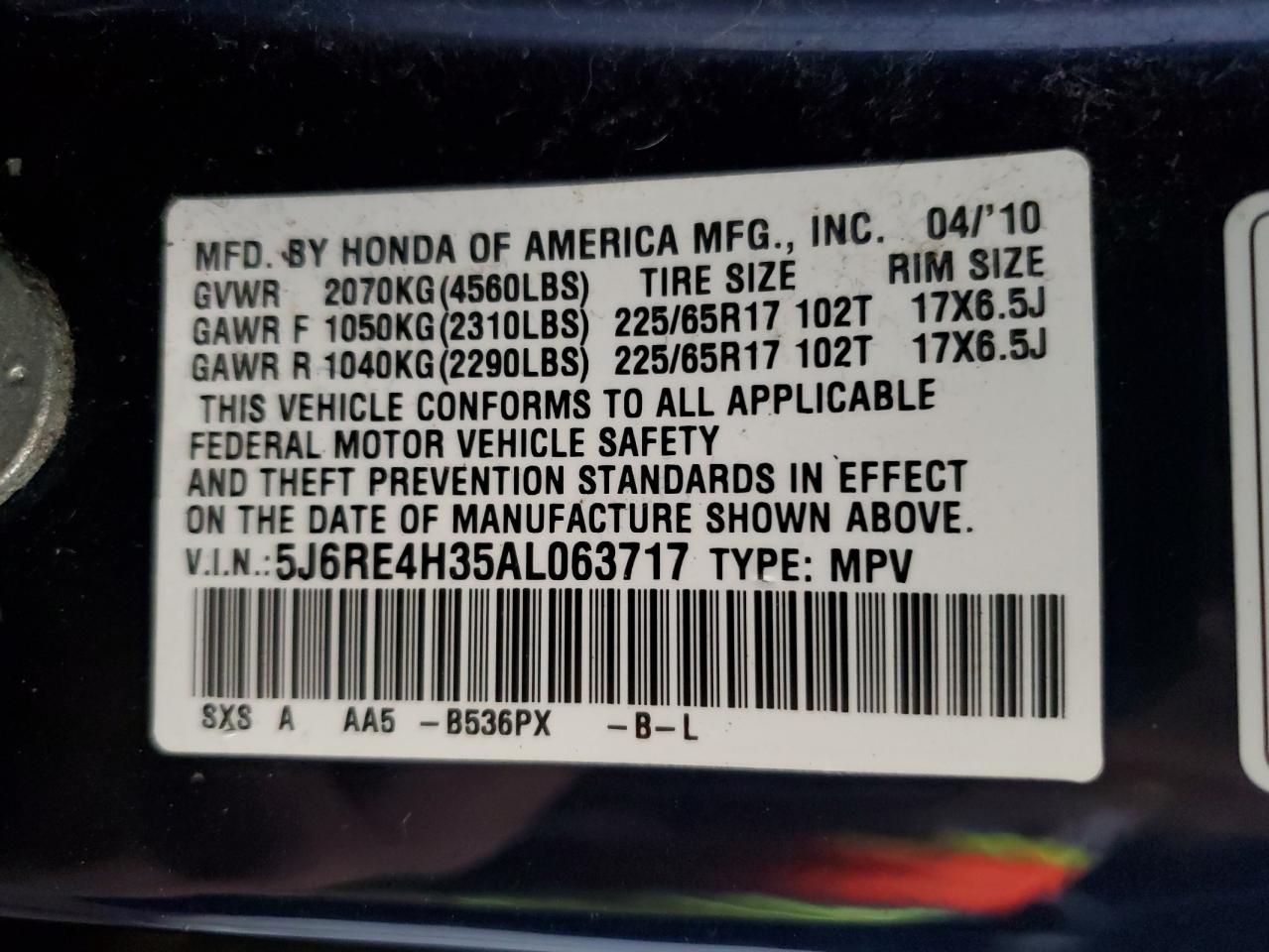 5J6RE4H35AL063717 2010 Honda Cr-V Lx