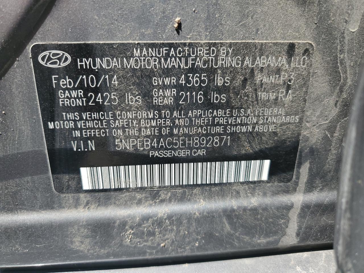 5NPEB4AC5EH892871 2014 Hyundai Sonata Gls