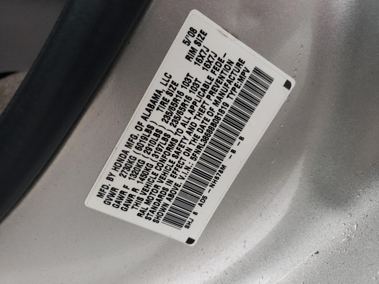 5FNRL38688B081819 2008 Honda Odyssey Exl