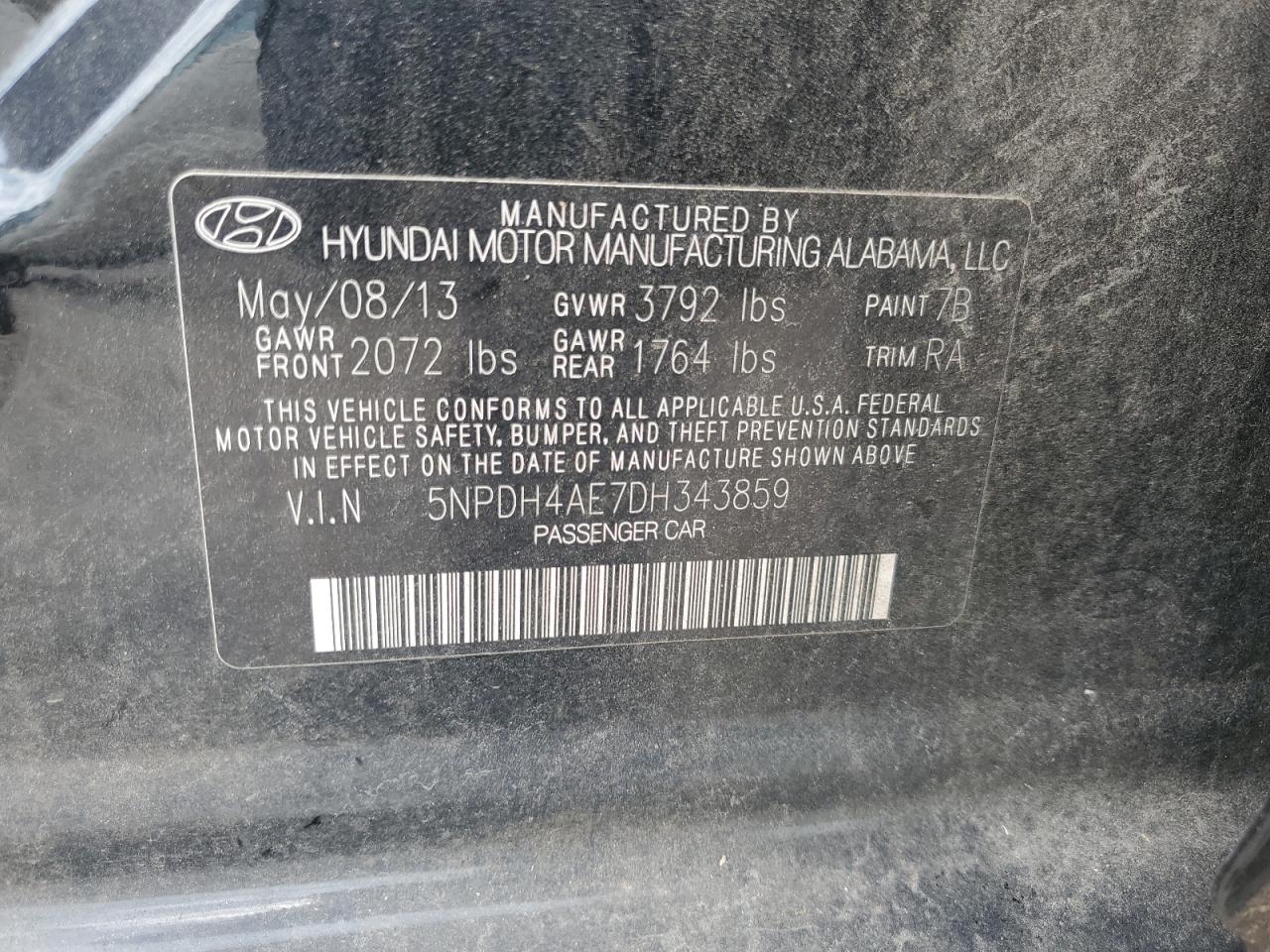 5NPDH4AE7DH343859 2013 Hyundai Elantra Gls