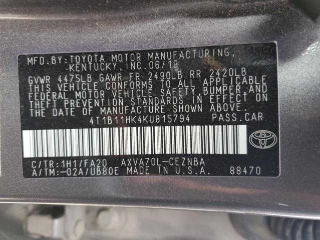 VIN 4T1B11HK4KU815794 2019 Toyota Camry, L no.12