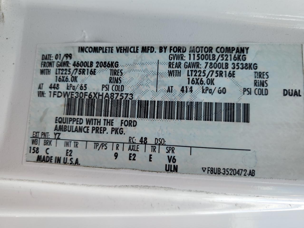 1FDWE30F6XHA87573 1999 Ford Econoline E350 Super Duty Cutaway Van Rv