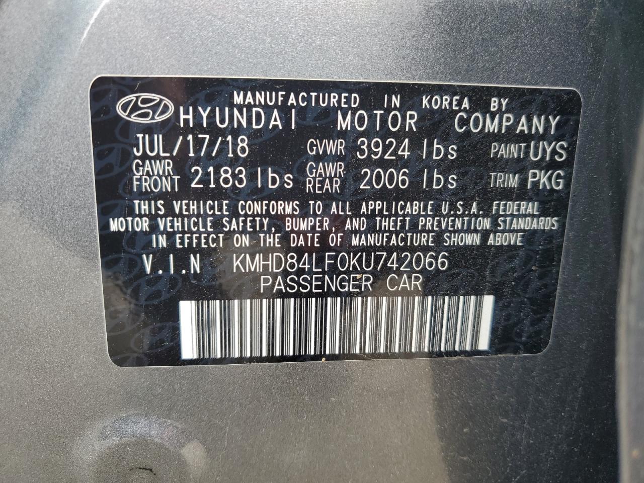 KMHD84LF0KU742066 2019 Hyundai Elantra Sel