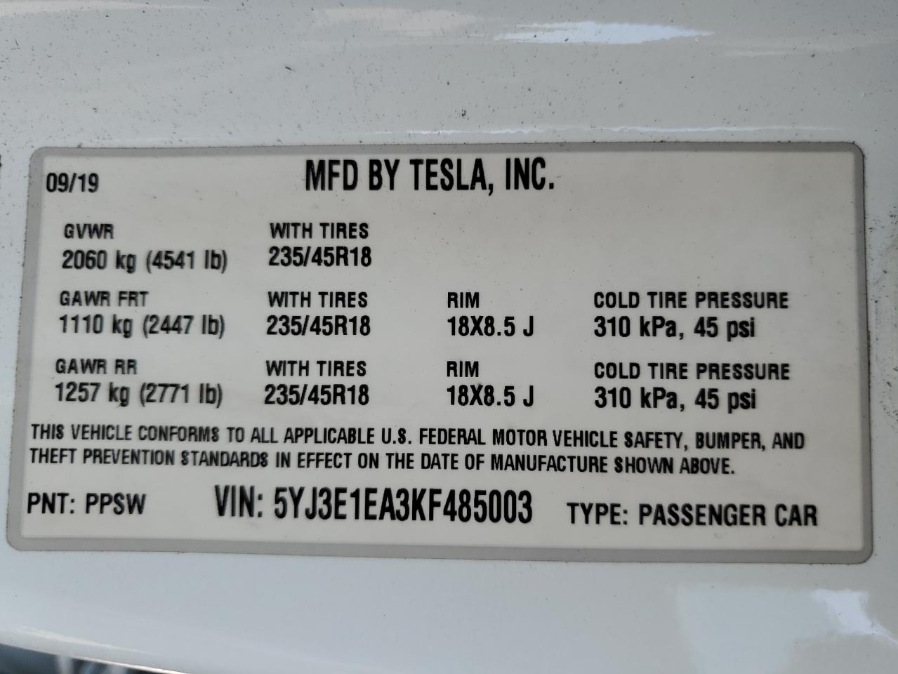 5YJ3E1EA3KF485003 2019 Tesla Model 3