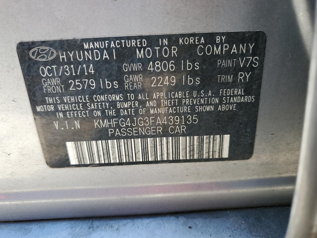 KMHFG4JG3FA439135 2015 Hyundai Azera