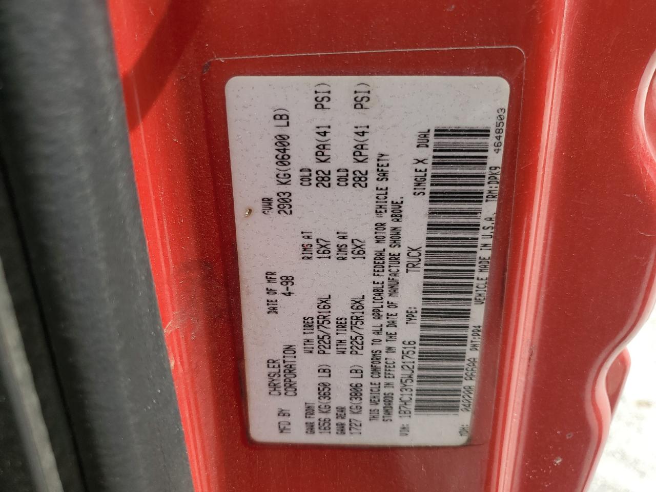 1B7HC13Y5WJ217516 1998 Dodge Ram 1500