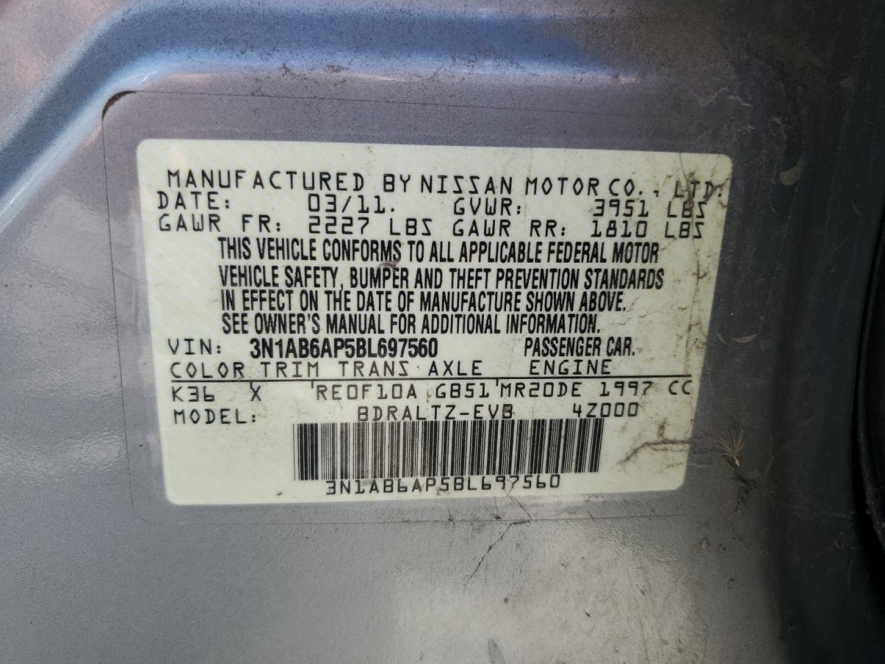 3N1AB6AP5BL697560 2011 Nissan Sentra 2.0