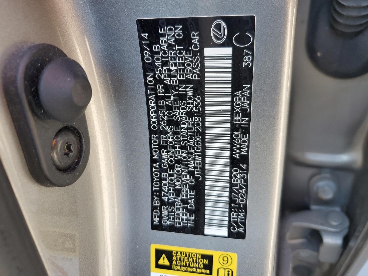 JTHBW1GGXF2081536 2015 Lexus Es 300H