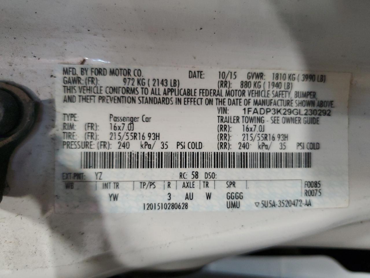 1FADP3K29GL230292 2016 Ford Focus Se