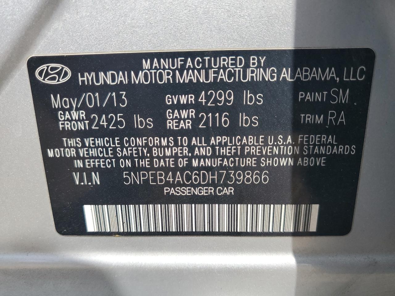 5NPEB4AC6DH739866 2013 Hyundai Sonata Gls