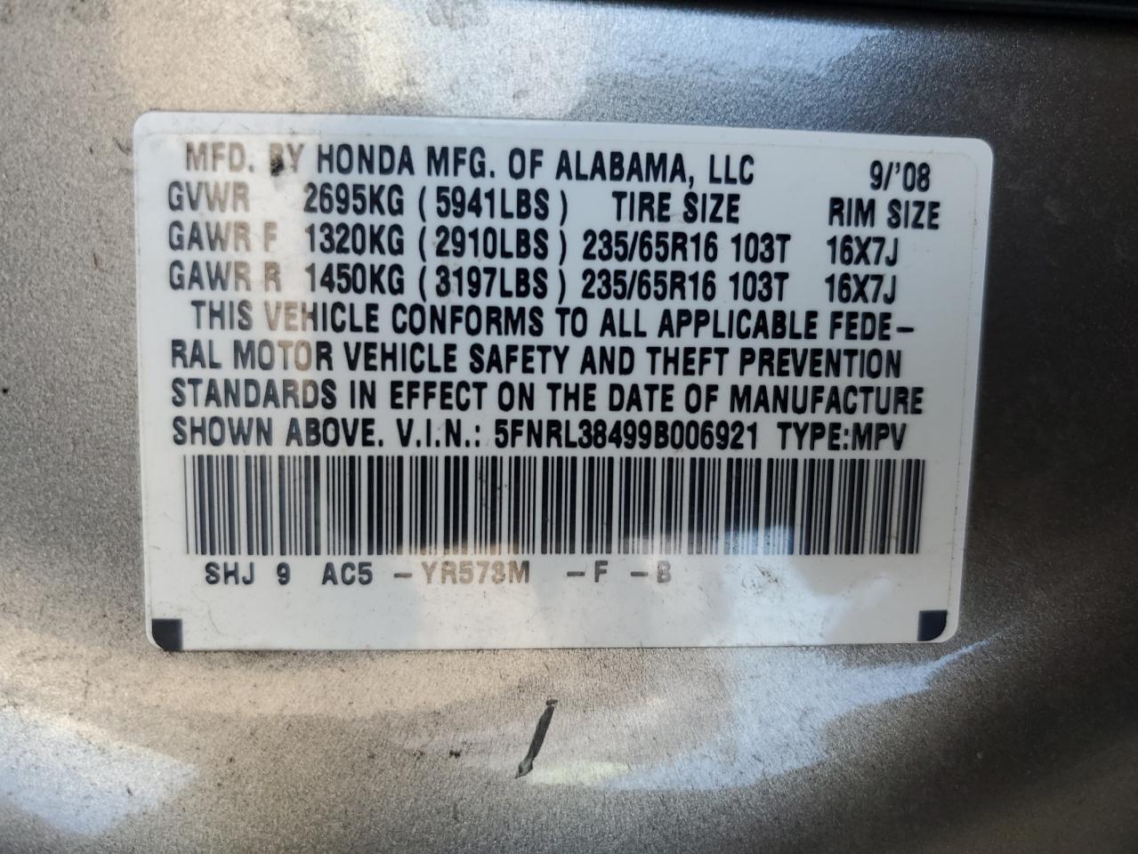 5FNRL38499B006921 2009 Honda Odyssey Ex