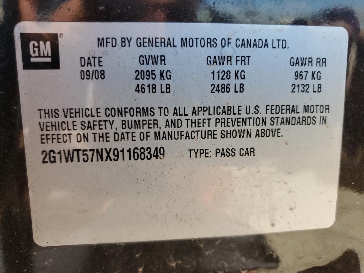 2G1WT57NX91168349 2009 Chevrolet Impala 1Lt