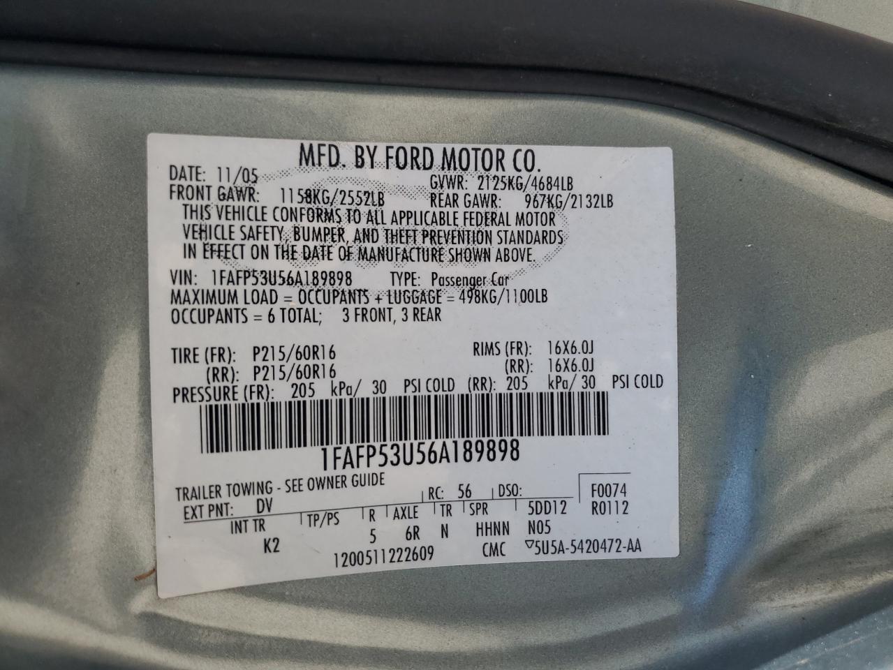 1FAFP53U56A189898 2006 Ford Taurus Se