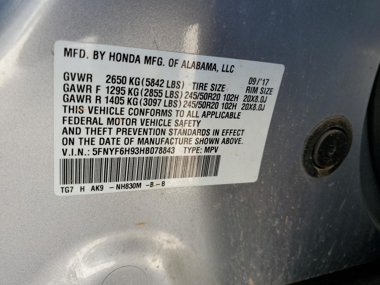 5FNYF6H93HB078843 2017 Honda Pilot Touring