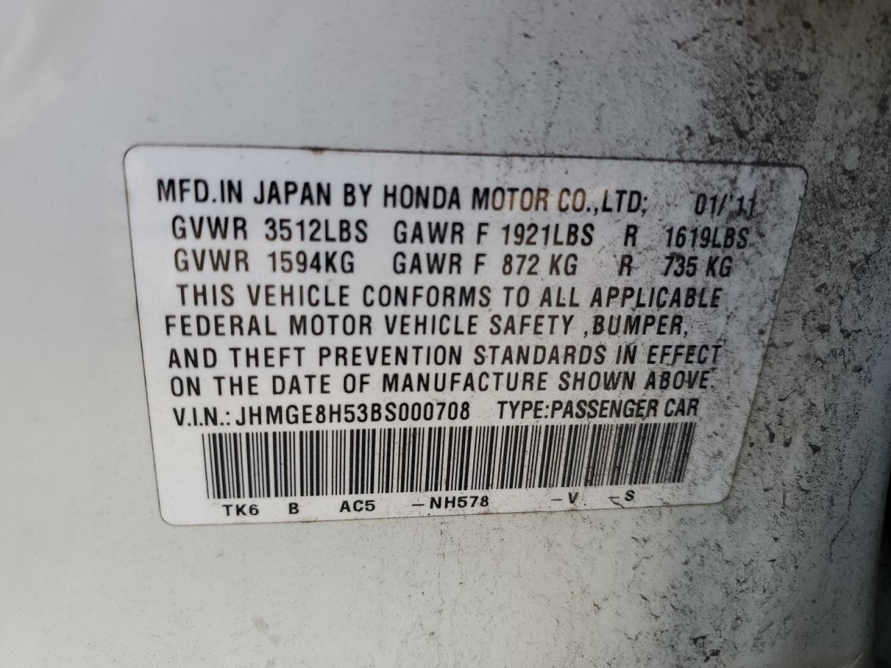 JHMGE8H53BS000708 2011 Honda Fit Sport