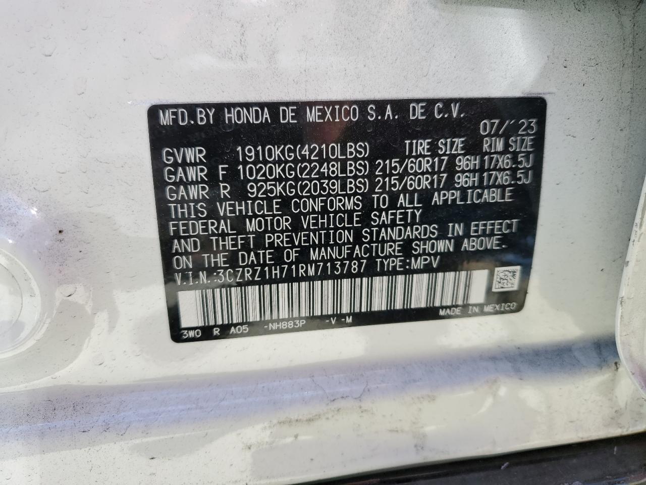 3CZRZ1H71RM713787 2024 Honda Hr-V Exl