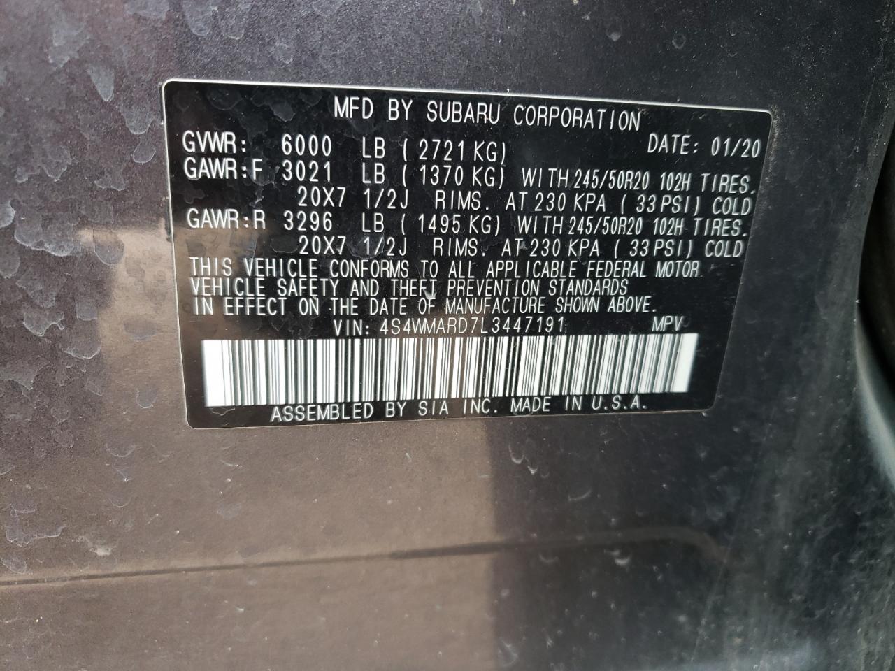 4S4WMARD7L3447191 2020 Subaru Ascent Touring