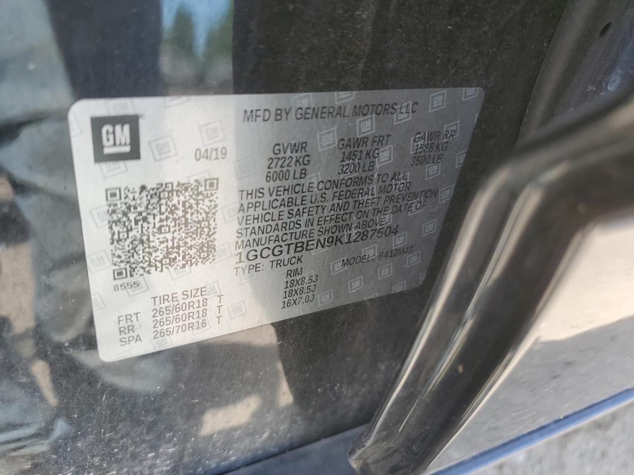 1GCGTBEN9K1287504 2019 Chevrolet Colorado