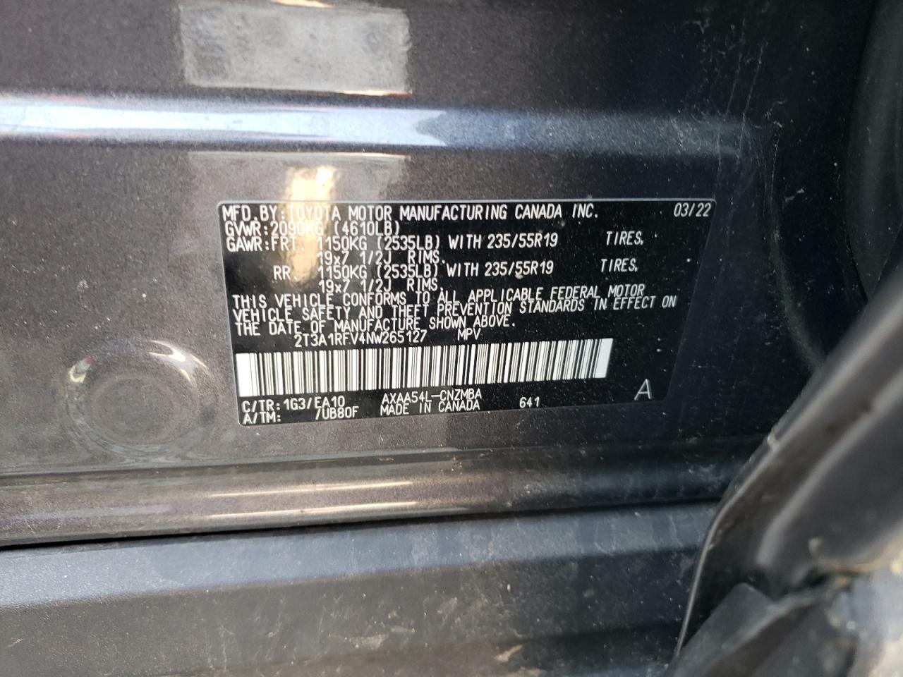 2T3A1RFV4NW265127 2022 Toyota Rav4 Xle Premium